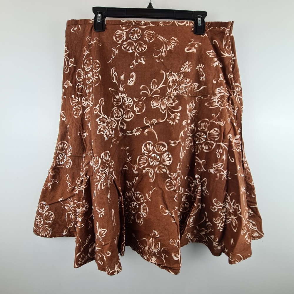 George Brown Floral Cotton Sequin A-Line Midi Skirt 18 Chocolate Boho Vtg Y2K